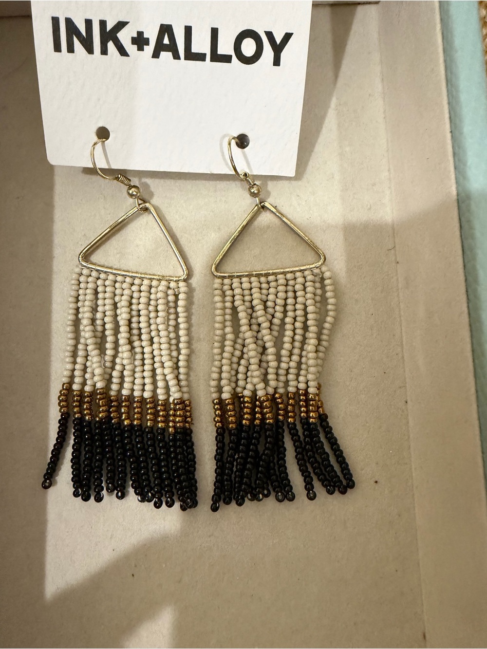 ALLOY Cream, Gold & Black Beaded Fringe Triangle Earrings
